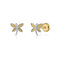 Pendientes oro 18k, niña/mujer libélula oro bicolor con zonas en brillo y en mate. Medida de la joya 7.5 x 8 8 mm. Con cierre de