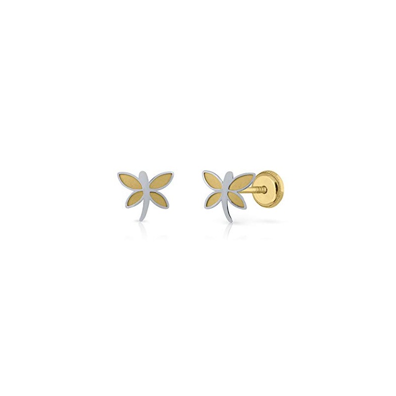 Pendientes oro 18k, niña/mujer libélula oro bicolor con zonas en brillo y en mate. Medida de la joya 7.5 x 8 8 mm. Con cierre de