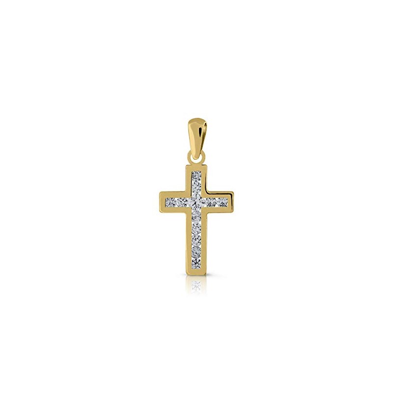 Colgante cruz con piedras de oro de ley certificado, niña o mujer, Diseño ROMA, con circones engastadas de calidad. Medida de la