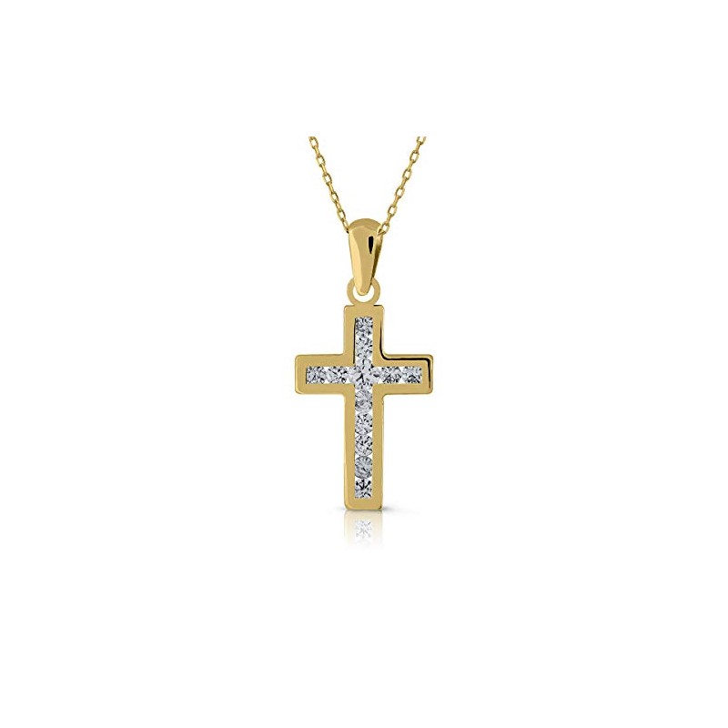 Cadena collar con cruz con piedras de oro de ley certificado, niña o mujer, Diseño circones engastadas de calidad. Medida de la 