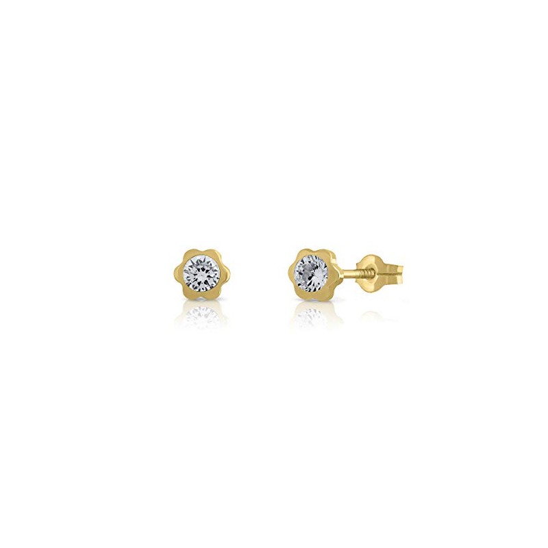 Pendientes de Bebe/Niña oro de ley diseño margarita con piedra de 3-4-5,con cierre de presión rosca, elija el suyo. (4 MM - PRES