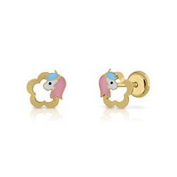 Pendientes oro 18k, niña/mujer unicornio esmaltado a mano. Medida de la joya 7.5 x 8 mm. Con cierre de máxima seguridad a rosca.