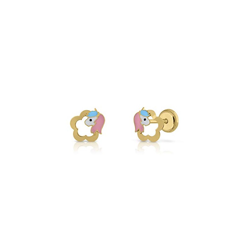 Pendientes oro 18k, niña/mujer unicornio esmaltado a mano. Medida de la joya 7.5 x 8 mm. Con cierre de máxima seguridad a rosca.