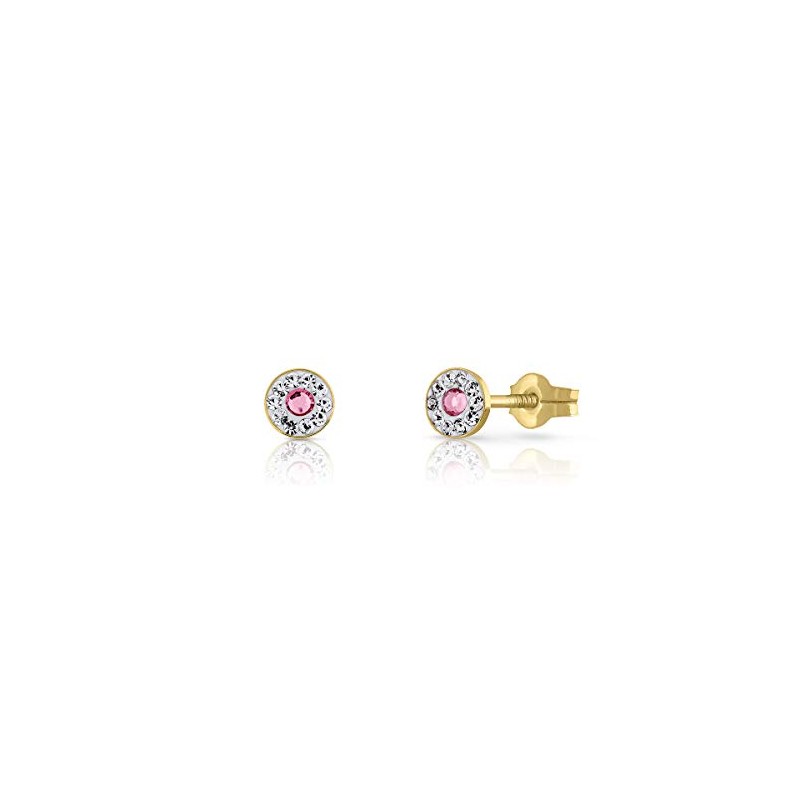 Pendientes oro 18k,niña o mujer, modelo redondo piedras engastadas alrededor y centro color rosa. Medida de la joya 4.5 mm. Con 