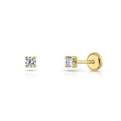Pendientes oro 18k, bebe recién nacida, niña o mujer, diseño garra de 4 patillas con circon de 2-2.5 - 3-3.5 - 4-5 - 6 mm en ros