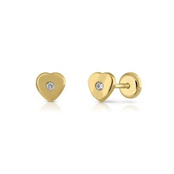 Pendientes oro real corazón clásico con circon en cierre de rosca, medida de la joya 5,5 milímetros.