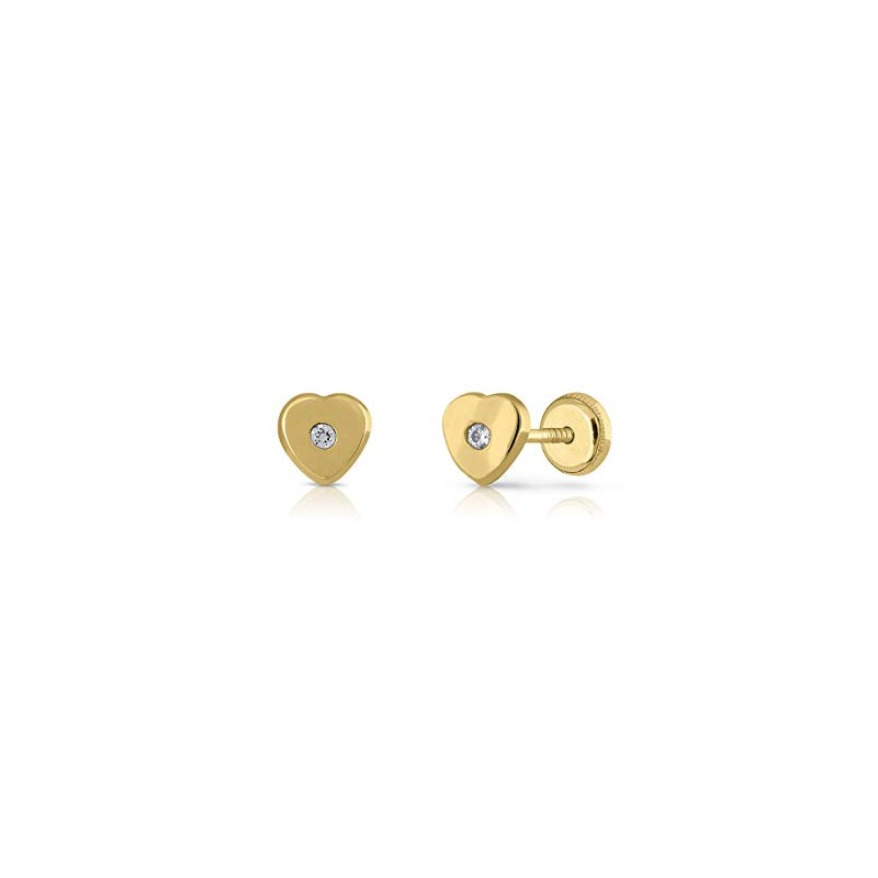 Pendientes oro real corazón clásico con circon en cierre de rosca, medida de la joya 5,5 milímetros.