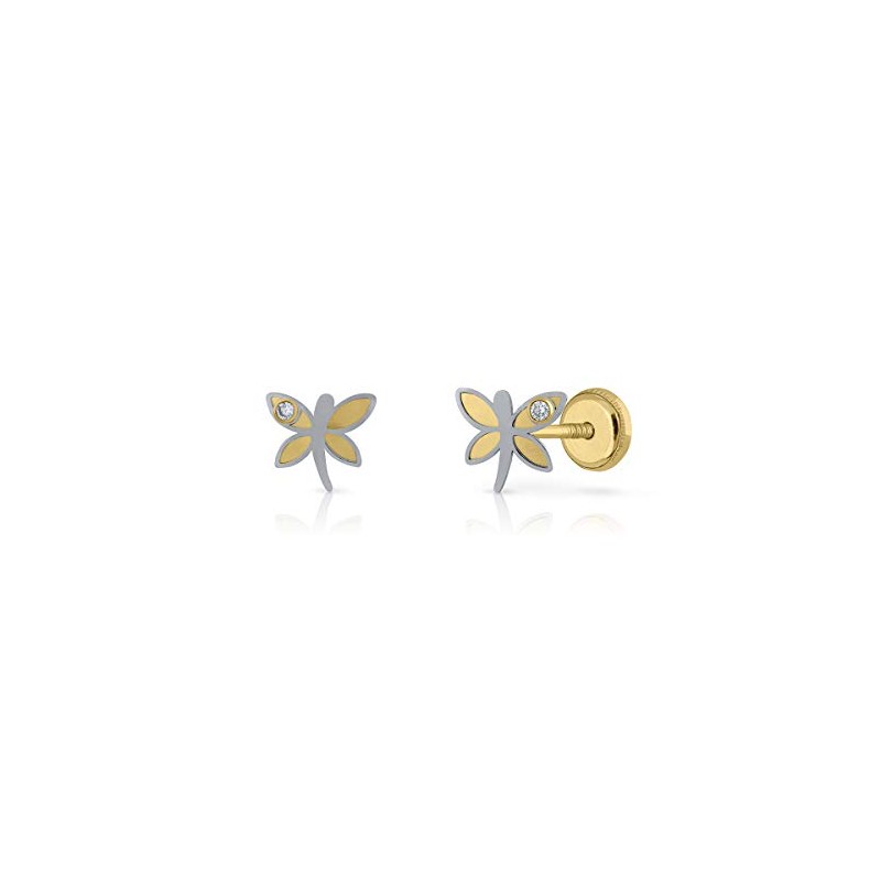 Pendientes oro real, niña/mujer libélula oro amarillo o bicolor con zonas en brillo y mate. Medida de la joya 7 y 8 milímetros. 