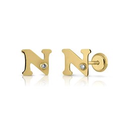 Pendientes oro de 18K, niña / mujer / unisex letra inicial con circón engastada. Medida de la joya 7 mm. Con cierre de rosca. (N