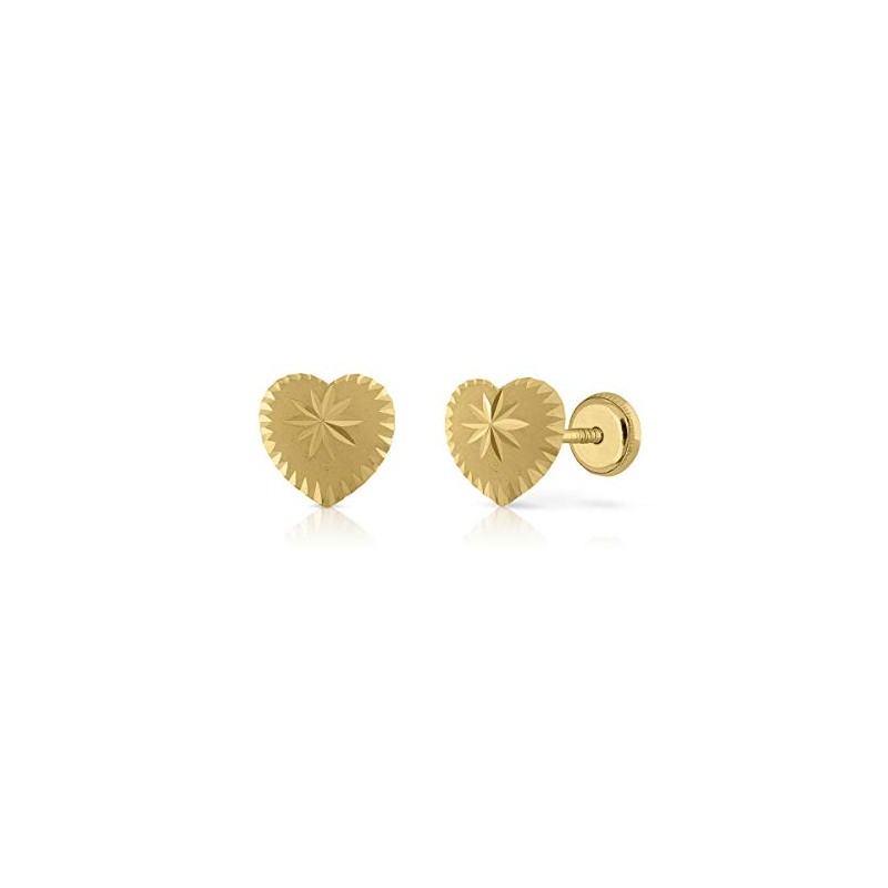 Pendientes en oro niña o mujer en oro de 18 k, diseño corazón con tallado central. Medida 8 milímetros. Con cierre de rosca.